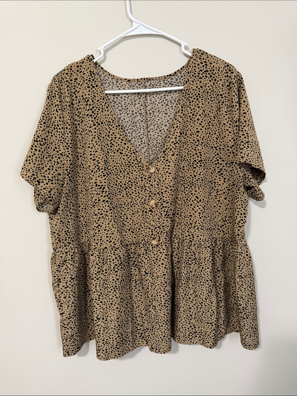 Tan Polka Dot V-Neck Peplum Top